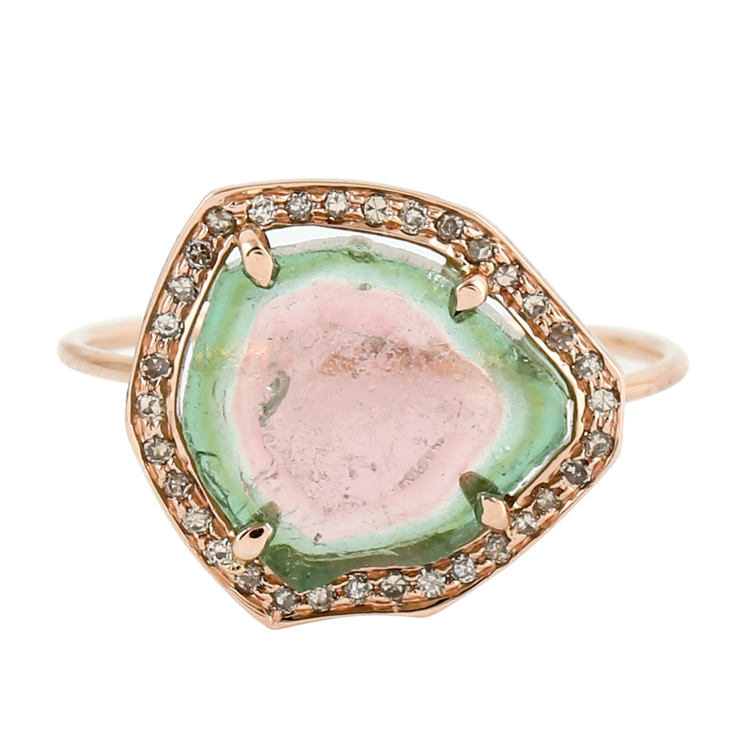 14K Rose Gold Natural Water Melon Tourmaline Diamond Statement Ring - Picture 1 of 6