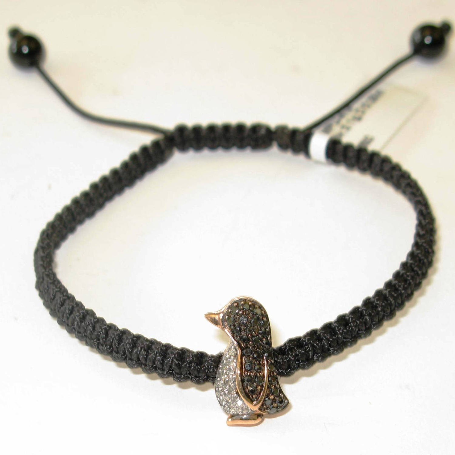Penguin Charm Macrame Bracelet 0.26ct Black Diamond 18k Rose Gold ...