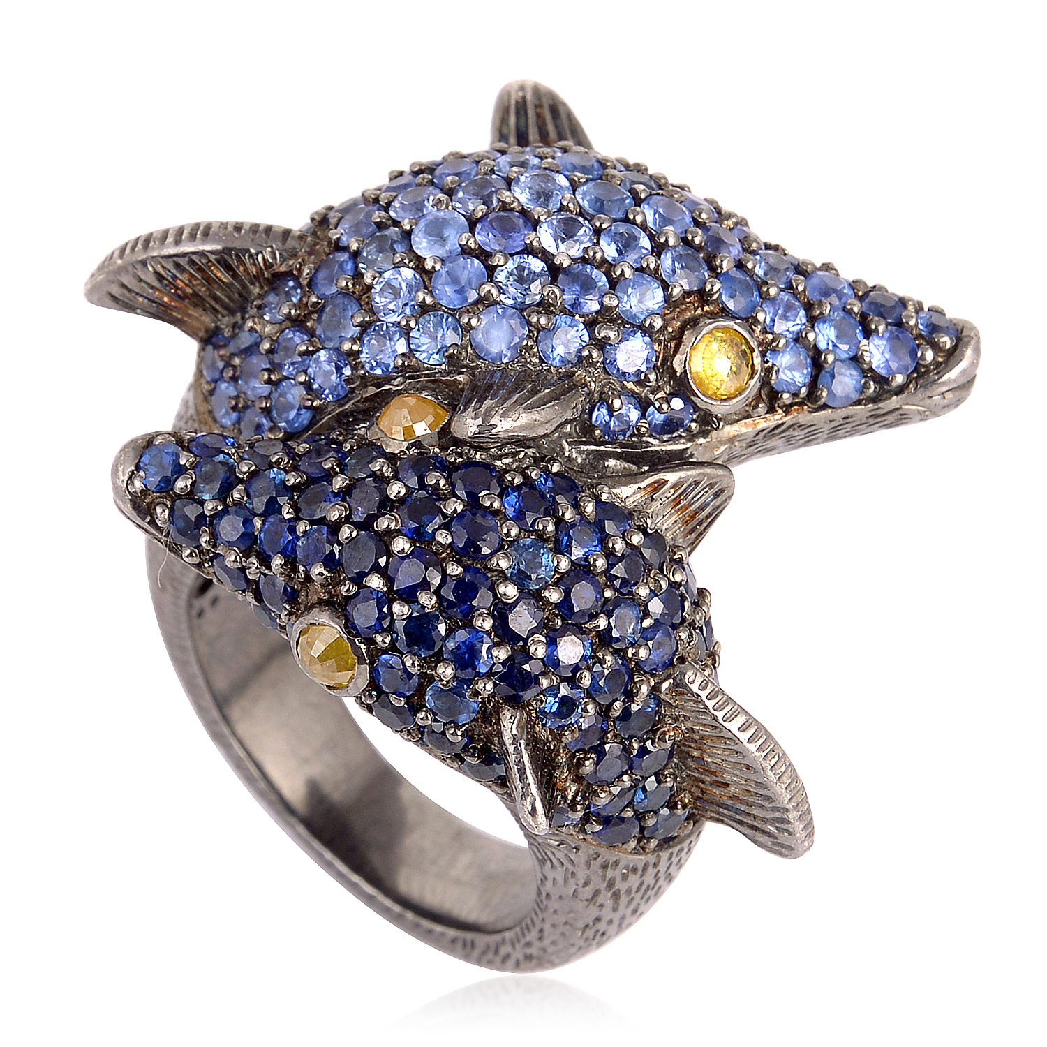 925 Sterling Silver 0.56ct Pave Diamond Sapphire Double Dolphin ...