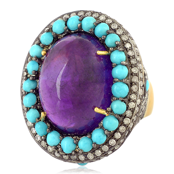 Amethyst Turquoise Diamond Gold Sterling Silver Cocktail Ring Wedding ...