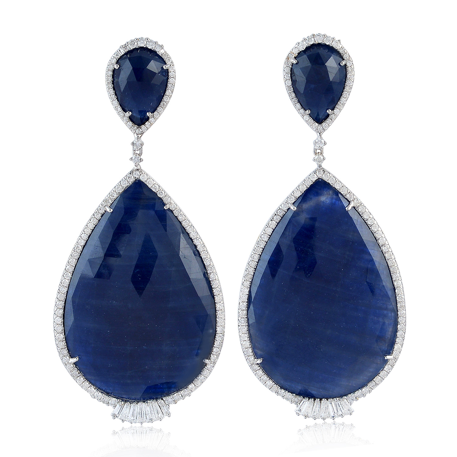 18k White Gold Pave Diamond Sapphire Pear Shape Dangle Earrings Jewelry ...